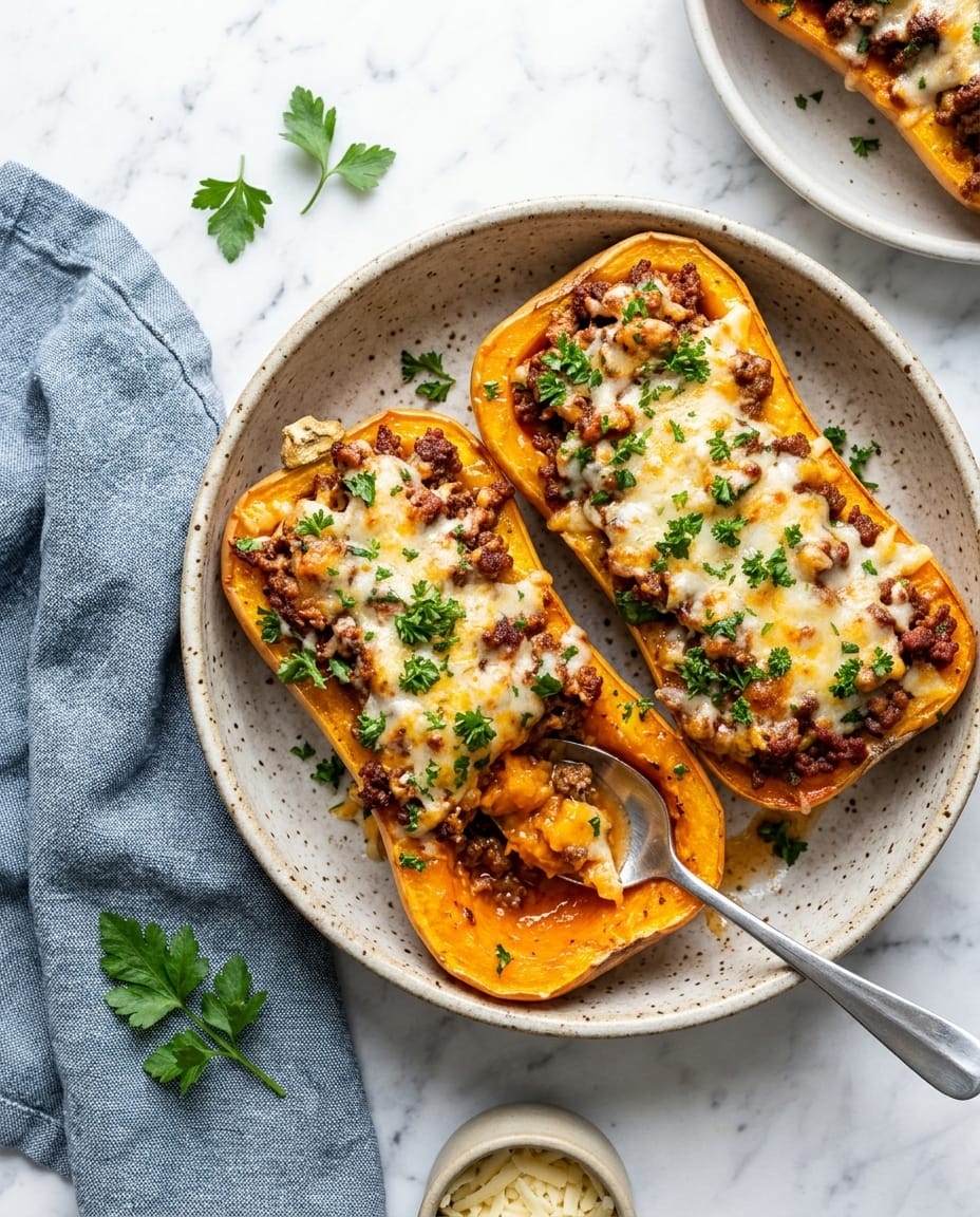 Butternut farcie au Air Fryer gratinée, moitiés de courge fondantes et fromage doré, servie bien chaude