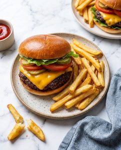 Hamburger au airfryer juteux et croustillant, fromage fondu et pain toasté, prêt en 10 minutes