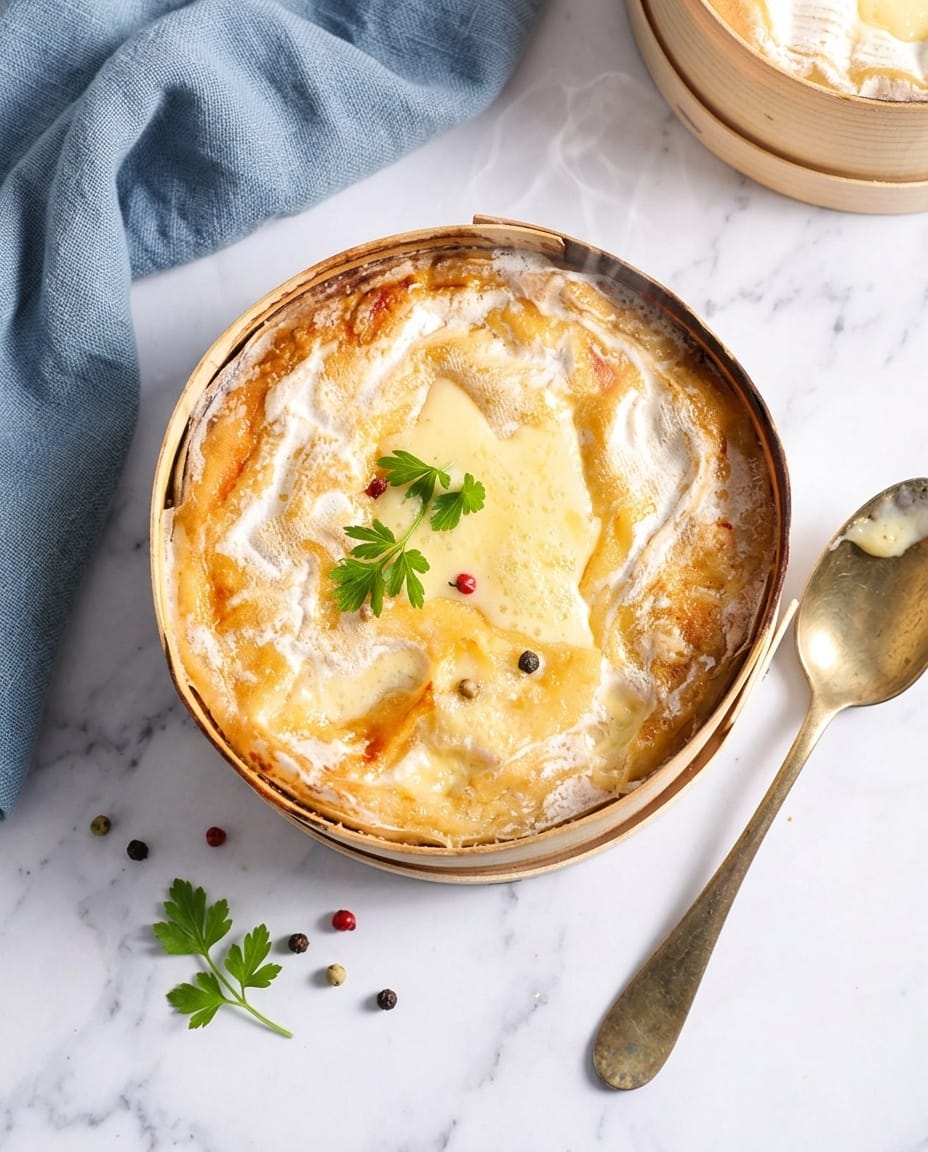 Mont d’or chaud au airfryer bien coulant, croûte dorée, servi dans un plat avec pommes de terre et charcuterie