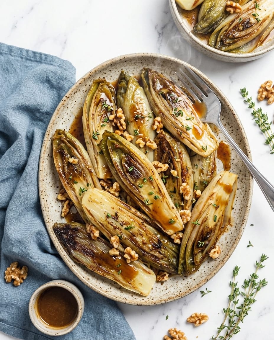 Endives braisées airfryer bien dorées, face coupée caramélisée au miel, servies en accompagnement simple et rapide