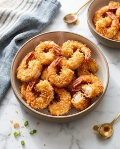 Tempura de crevettes au Airfryer dorée et croustillante, panure fine, servie avec sauce soja en bol