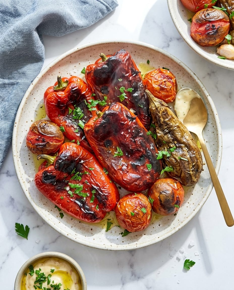 Poivrons grillés airfryer en lamelles, peau retirée, bords caramélisés et huile d’olive dans un saladier
