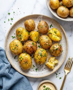 Pommes de terre nouvelles air fryer dorées à l’ail et romarin, peau fine et chair fondante, servies bien chaudes