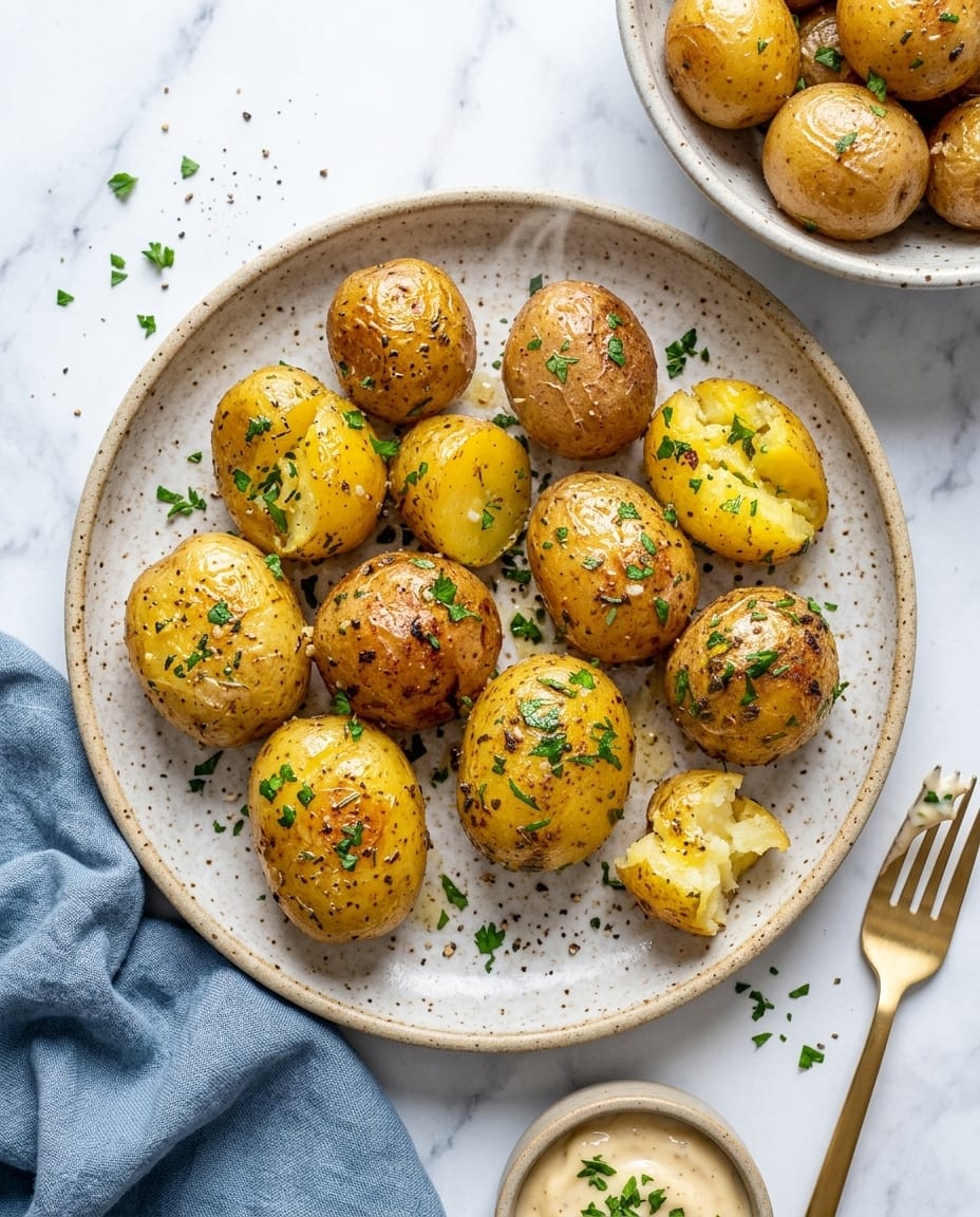 Pommes de terre nouvelles air fryer dorées à l’ail et romarin, peau fine et chair fondante, servies bien chaudes