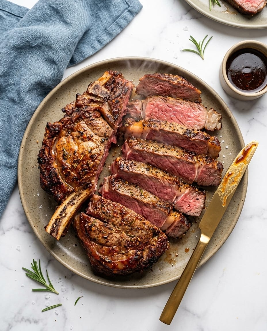 Côte de bœuf airfryer dorée, croûte caramélisée et cœur juteux, tranchée sur une planche en cuisine