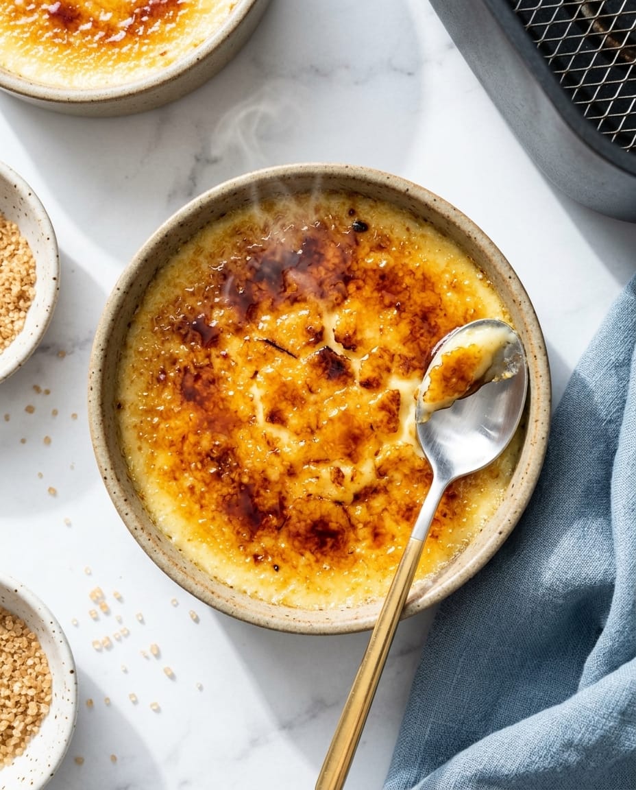 Crème brûlée au air fryer avec croûte fine de cassonade caramélisée qui craque sous la cuillère