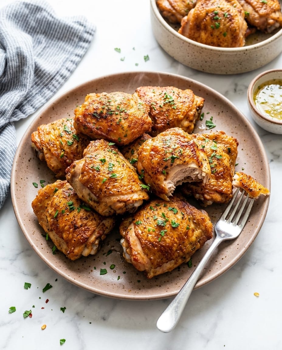 Hauts de cuisse de poulet air fryer croustillants, peau bien dorée et chair juteuse, servis juste après cuisson