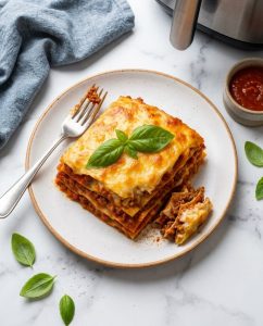Part de lasagnes au airfryer bien gratinée, bolognaise et béchamel, servie chaude pour 2 personnes