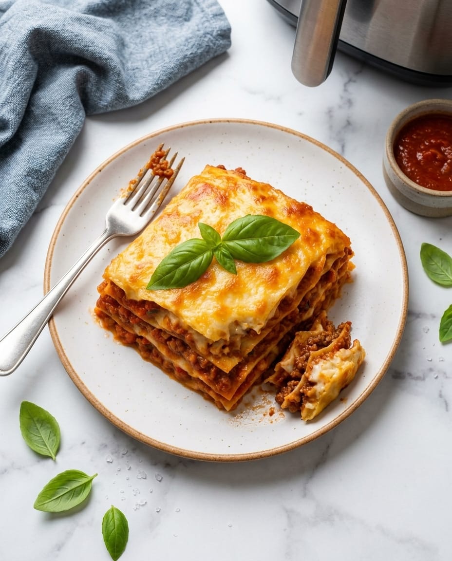 Part de lasagnes au airfryer bien gratinée, bolognaise et béchamel, servie chaude pour 2 personnes