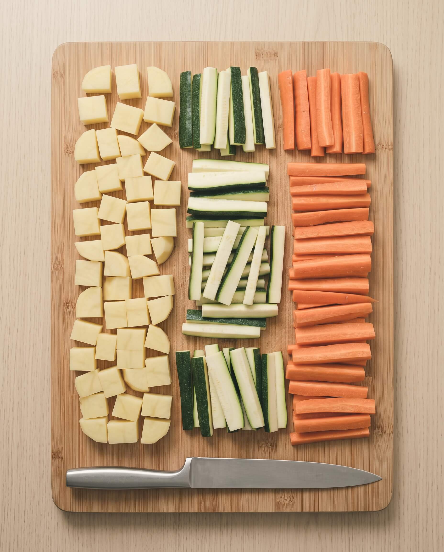 Planche avec pommes de terre, courgettes et carottes coupées à la même taille pour une cuisson uniforme