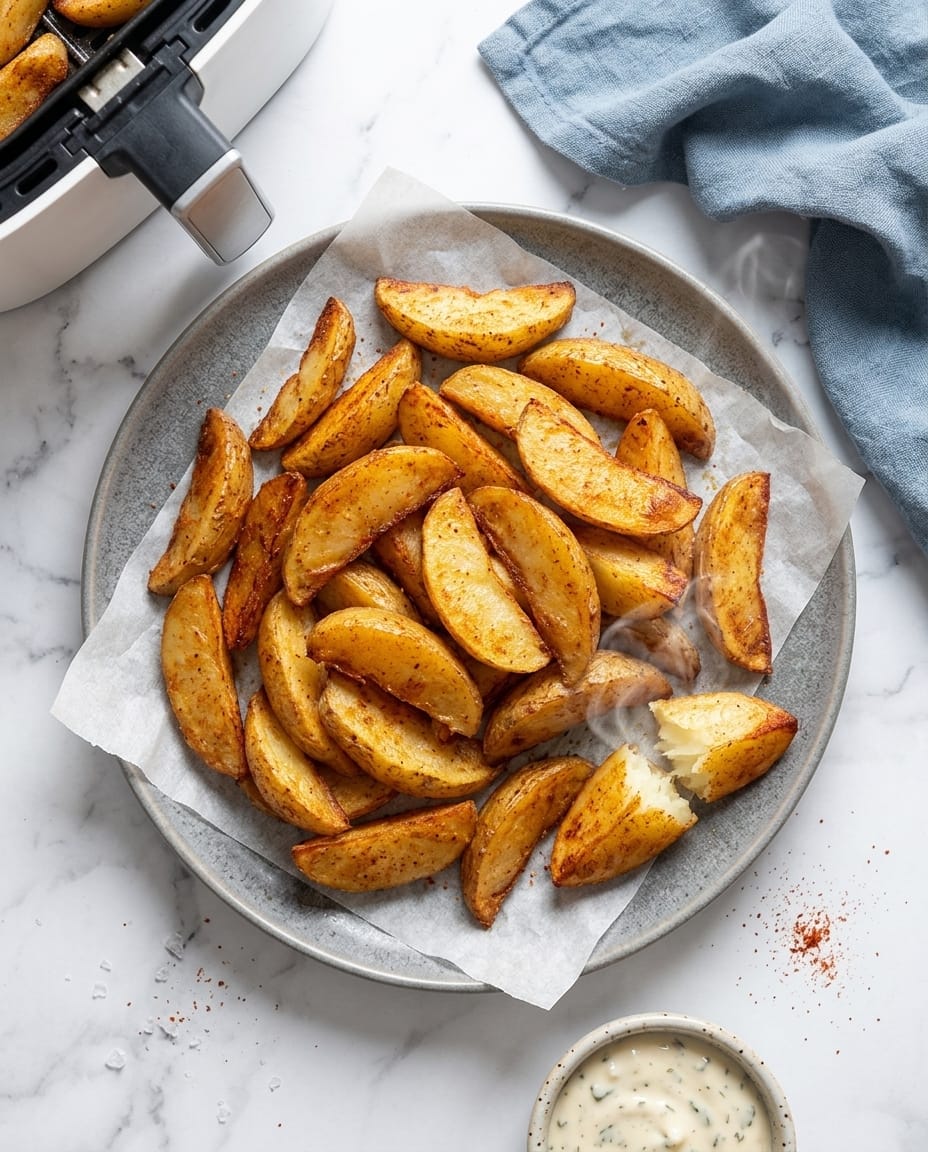 Potatoes au airfryer bien dorées, quartiers croustillants dehors et fondants dedans, servies en accompagnement