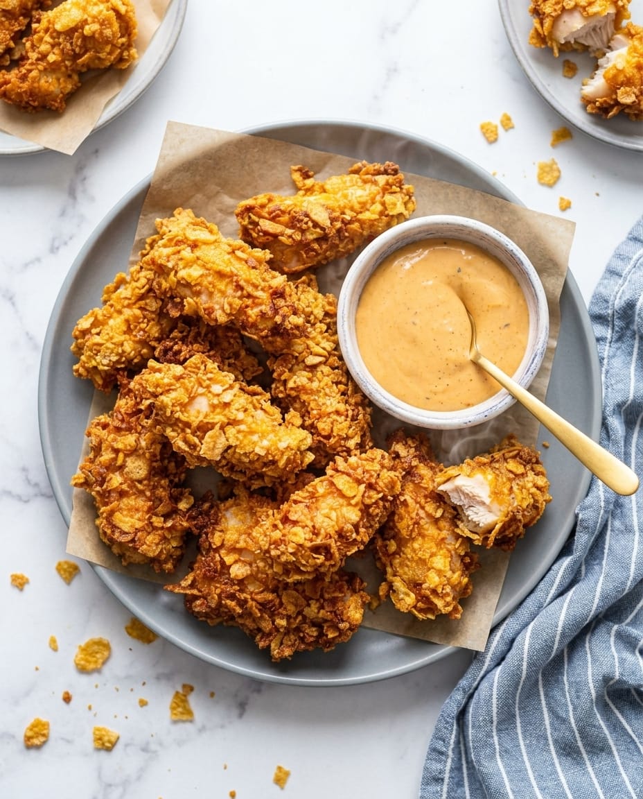Poulet frit airfryer croustillant avec panure aux cornflakes, doré et prêt à servir sur une assiette