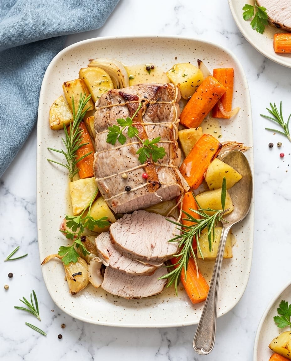 Rôti de veau airfryer moelleux et doré avec pommes de terre et carottes rôties, servi avec jus parfumé