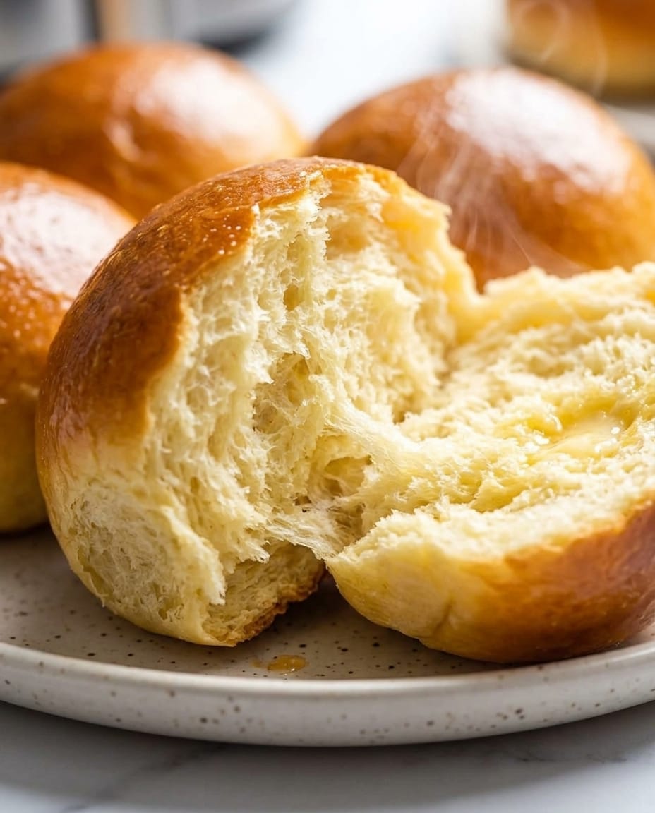 Petites brioches dorées au airfryer, l’une ouverte sur une mie filante