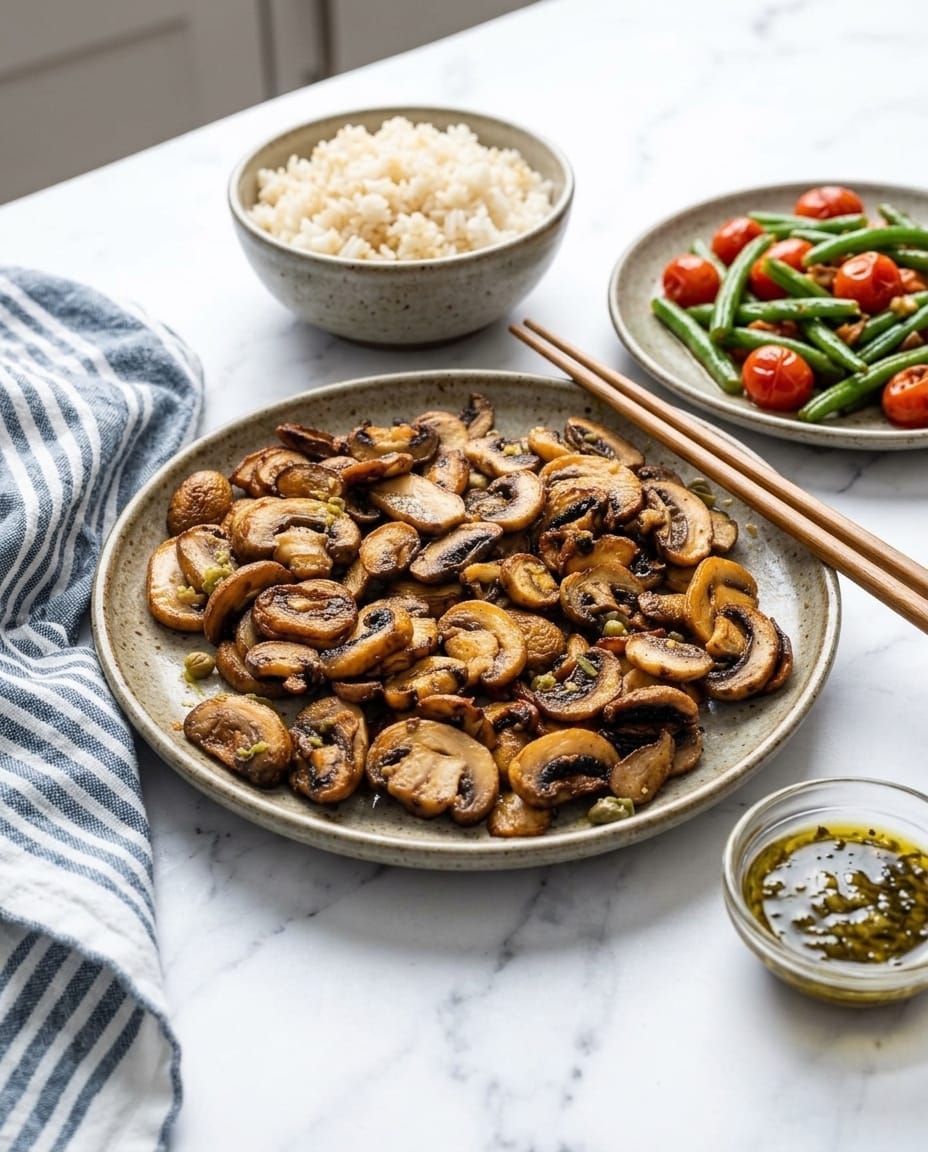 Champignons au Airfryer servis avec un bol de riz et des haricots verts aux tomates cerises