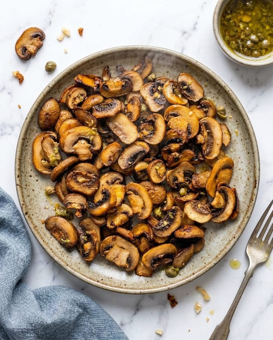 Assiette de champignons frits au Airfryer vue de dessus, tranches dorées aux bords caramélisés