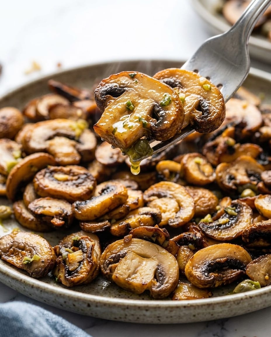 Fourchette soulevant des tranches de champignons dorées et brillantes