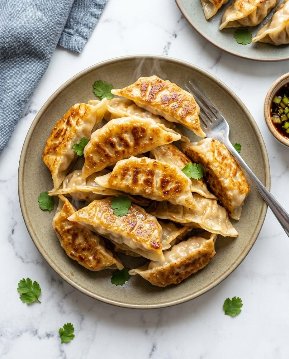 Gyozas au airfryer croustillants servis chauds avec sauce soja-gingembre, dorés et bien scellés