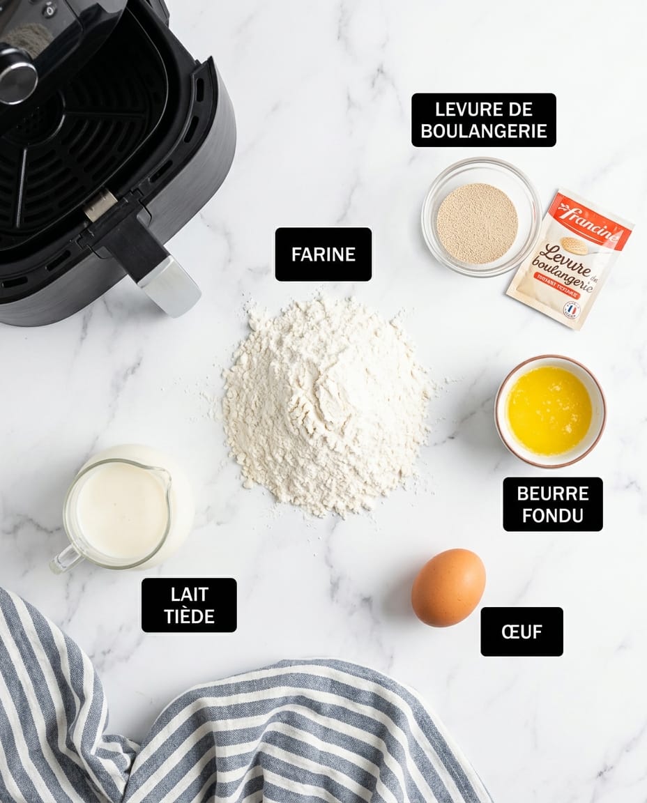 Ingrédients de la brioche au airfryer : farine, levure de boulangerie, beurre fondu, lait tiède et œuf