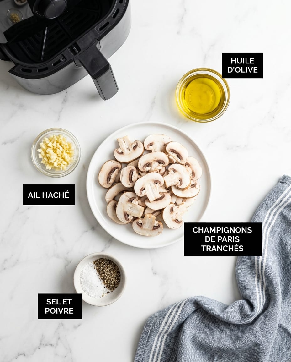 Ingrédients des champignons frits au Airfryer : champignons de Paris tranchés, ail haché, huile d’olive, sel et poivre