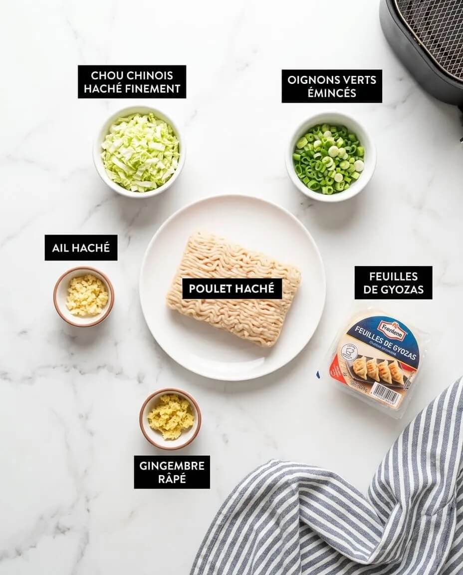 Ingrédients des gyozas au airfryer : chou chinois, oignons verts, ail, gingembre, poulet haché et feuilles de gyozas