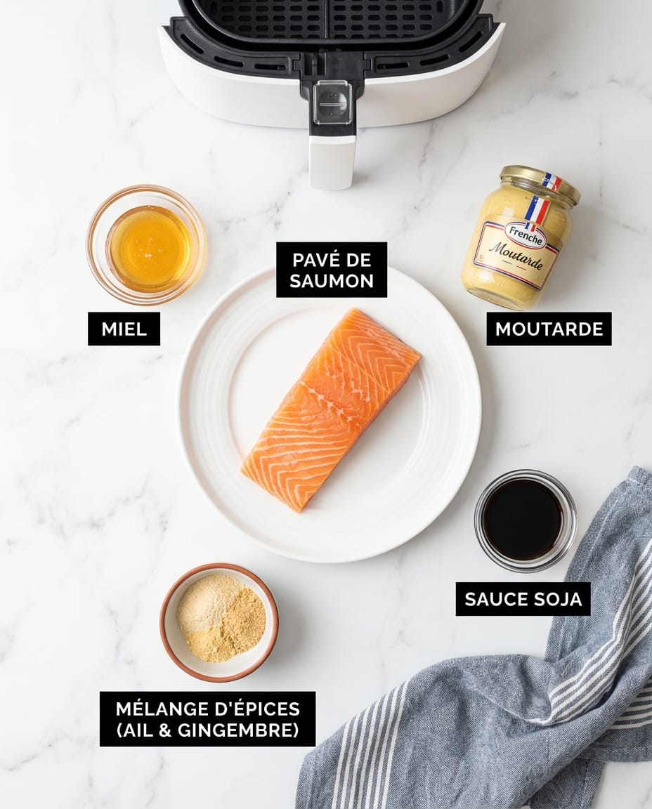 Ingrédients du pavé de saumon air fryer : pavé cru, miel, moutarde, sauce soja et mélange ail-gingembre, devant le panier