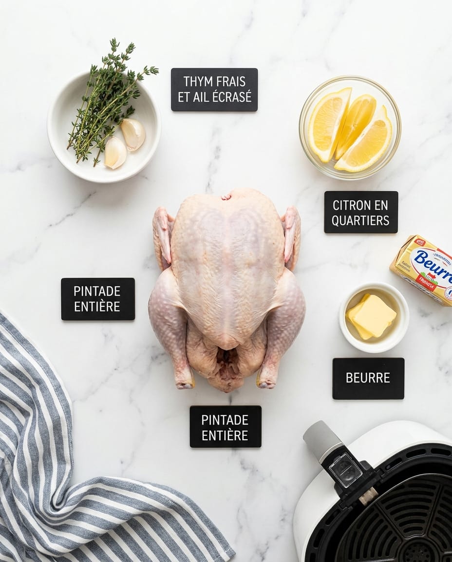 Ingrédients de la pintade au Airfryer : pintade entière crue, thym frais, ail écrasé, citron en quartiers et beurre