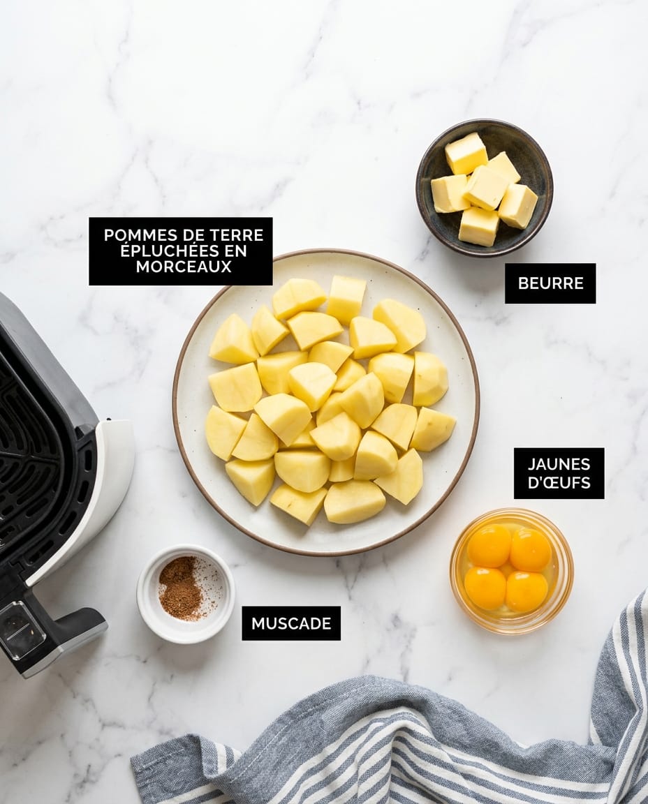 Ingrédients des pommes duchesse au airfryer : pommes de terre épluchées en morceaux, beurre en cubes, jaunes d’œufs et muscade