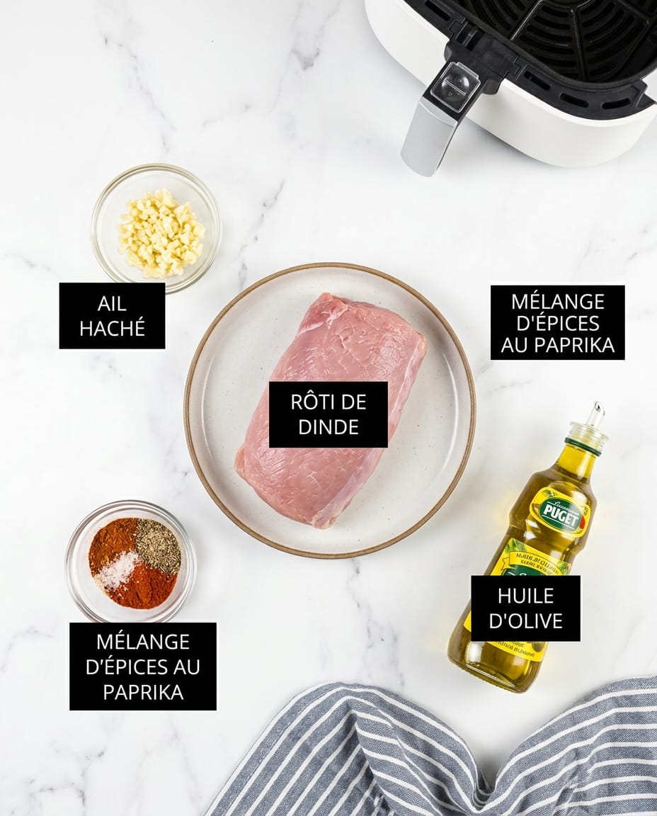 Ingrédients du rôti de dinde au air fryer : rôti cru, ail haché, mélange d’épices au paprika et huile d’olive