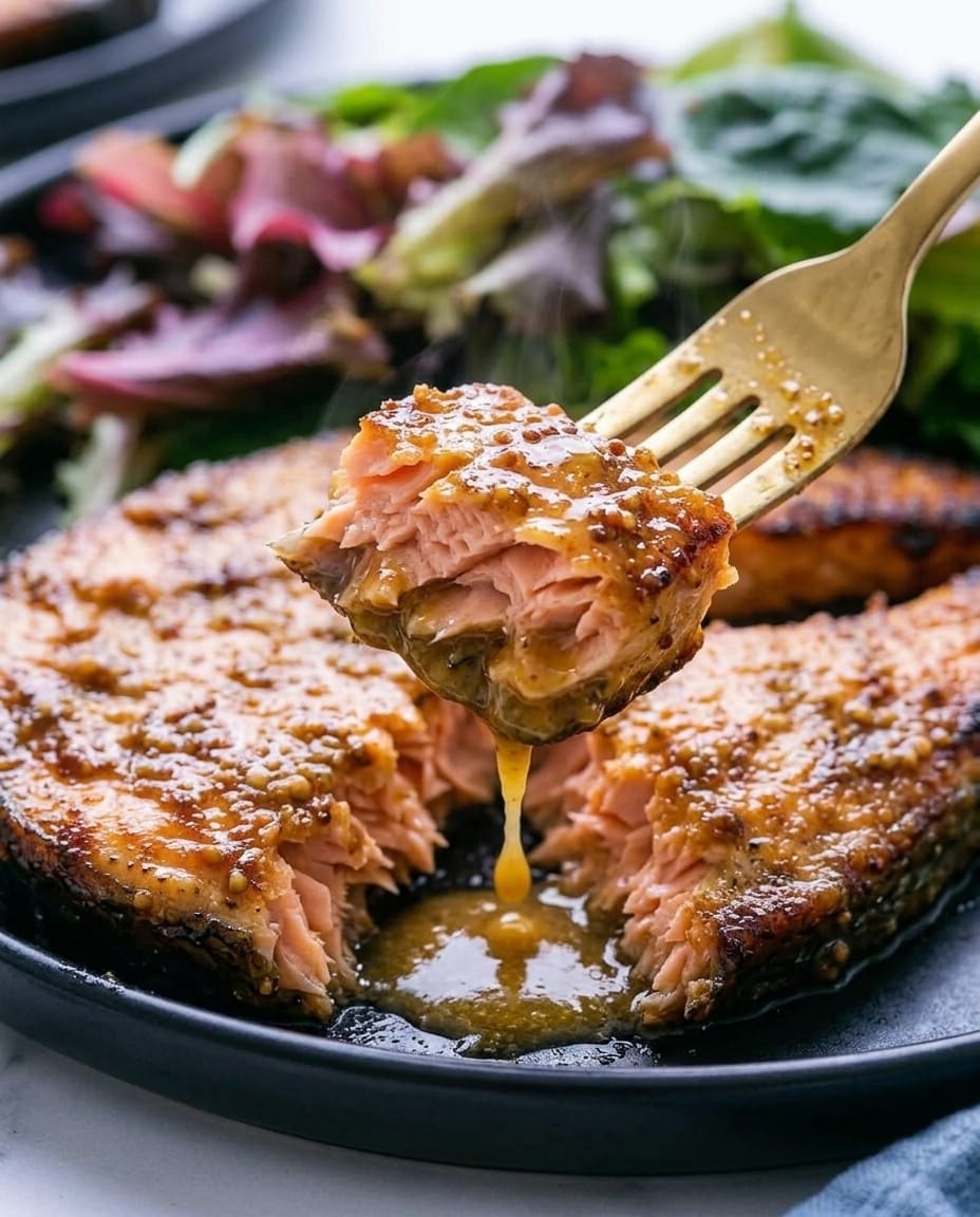 Bouchée de pavé de saumon laqué miel-moutarde sur une fourchette, chair nacrée qui s’effeuille, salade en fond