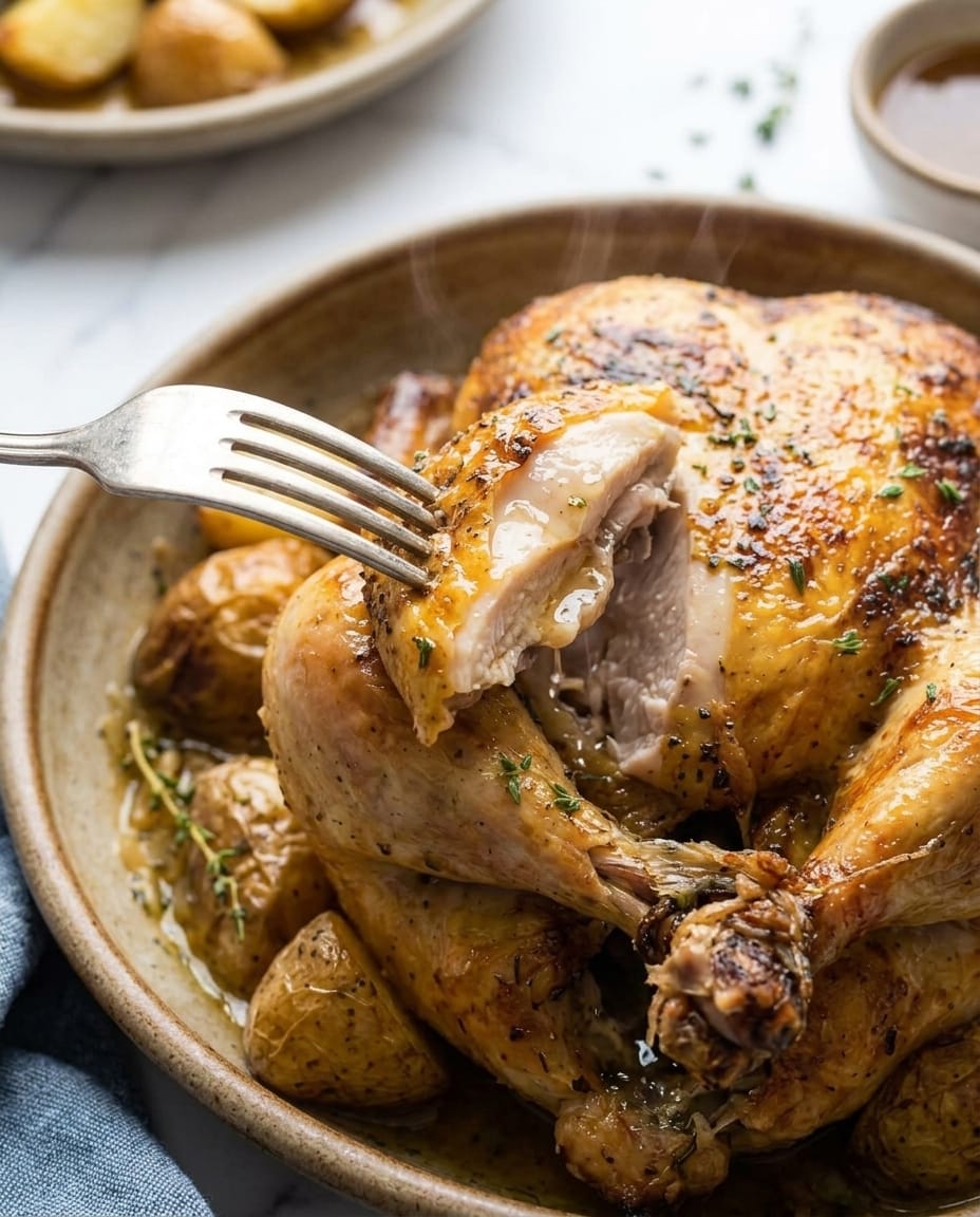 Pintade rôtie au Airfryer, peau dorée, fourchette soulevant un morceau de blanc juteux, pommes de terre autour