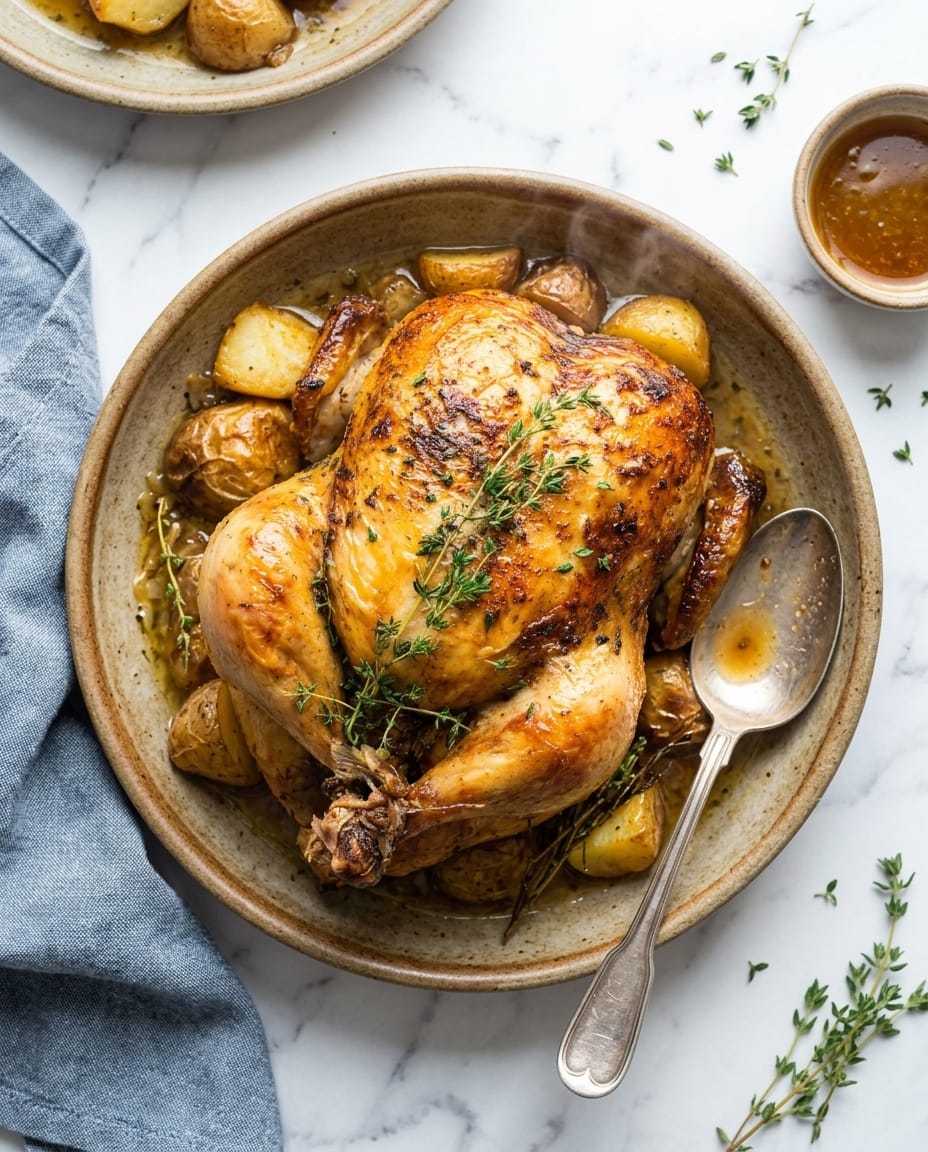 Pintade au Airfryer entière, peau bien dorée et croustillante, servie sur plat avec jus de cuisson
