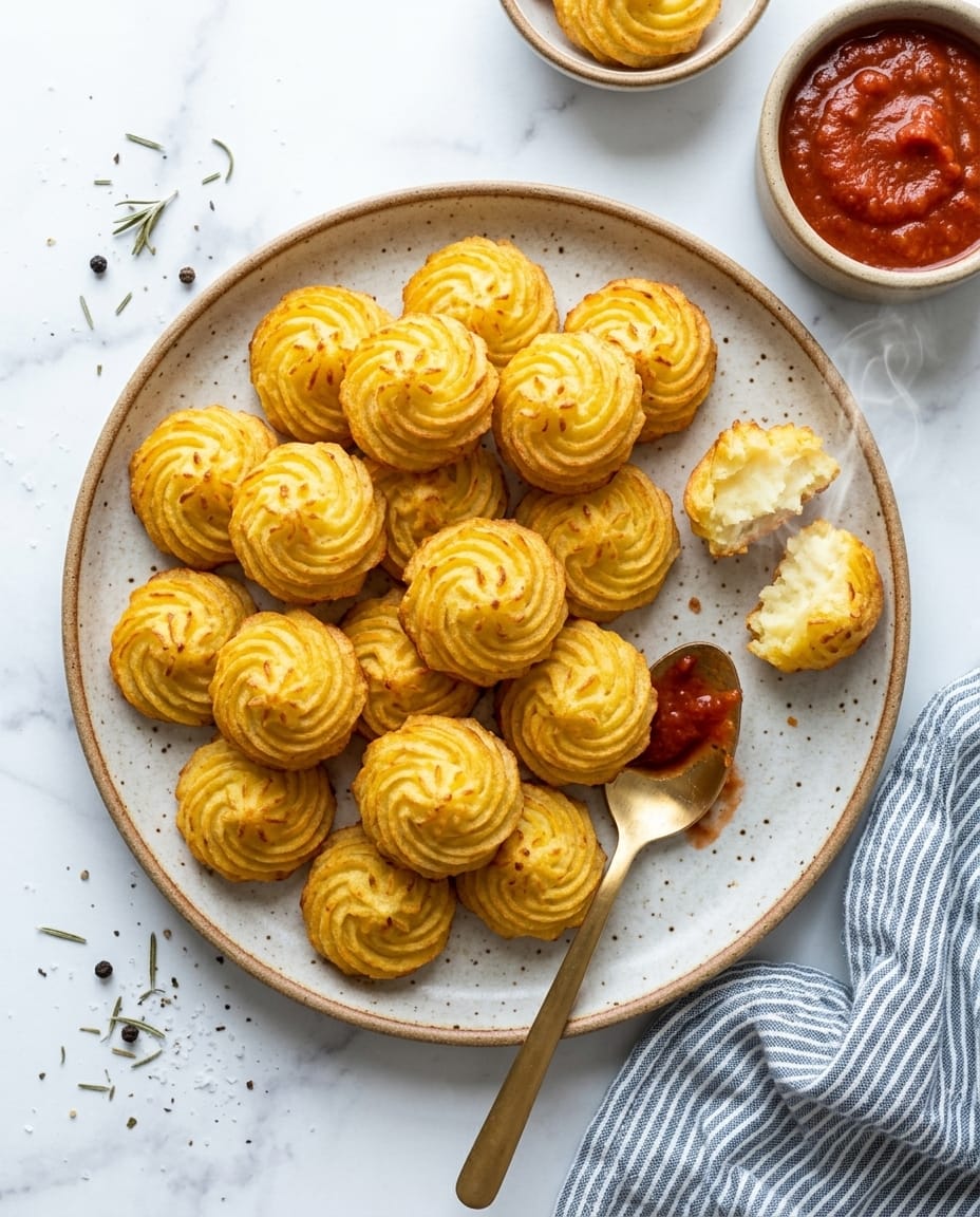Pommes duchesse airfryer bien dorées, rosaces croustillantes dehors et fondantes dedans, servies en accompagnement