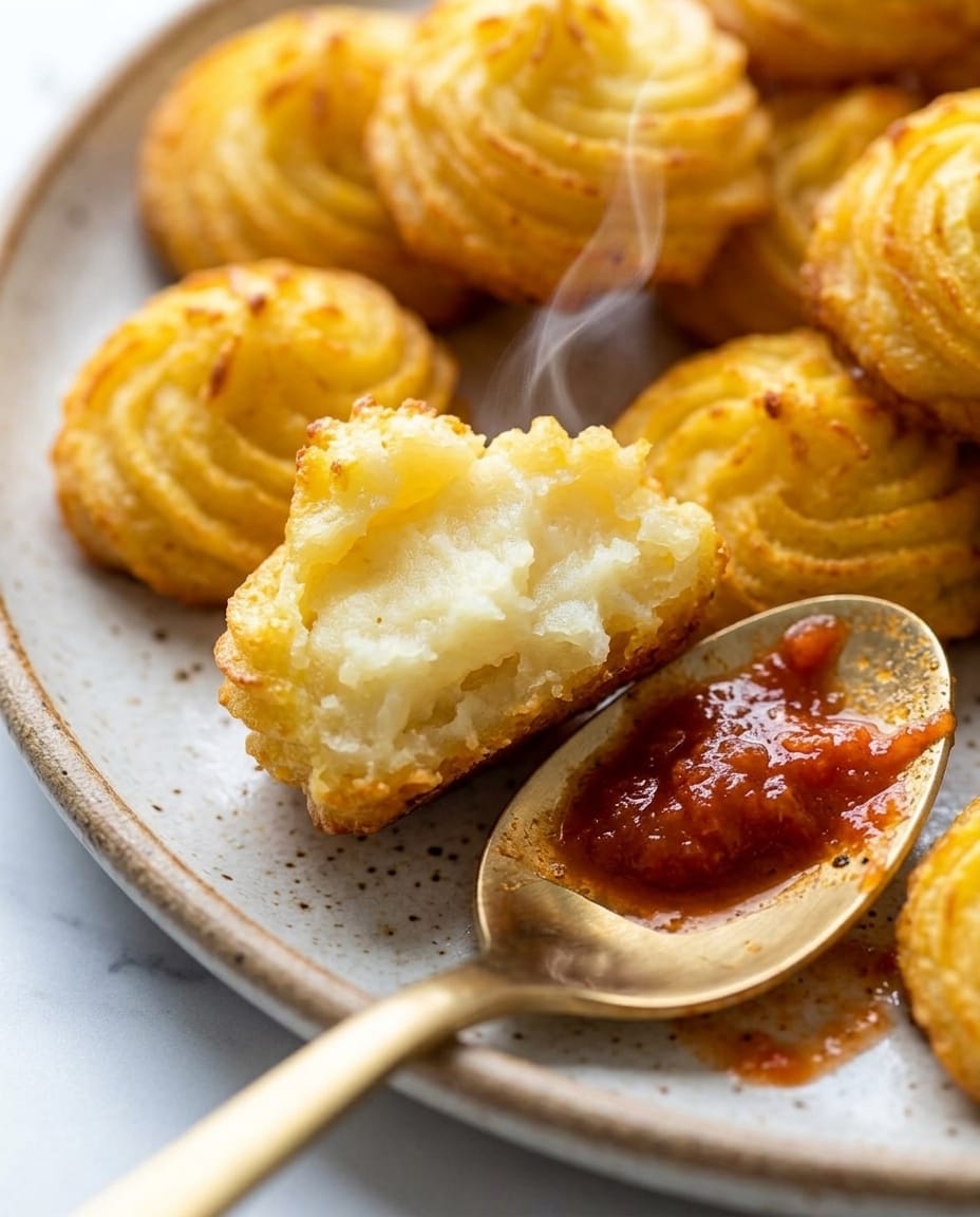 Pomme duchesse ouverte sur son cœur fondant, encore fumante, près d’une cuillère de sauce tomate