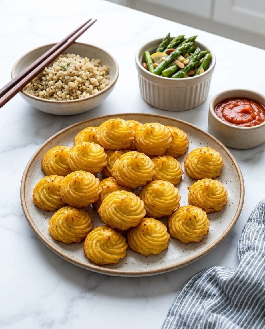 Pommes duchesse au airfryer servies avec un bol de céréales, des asperges et une sauce tomate