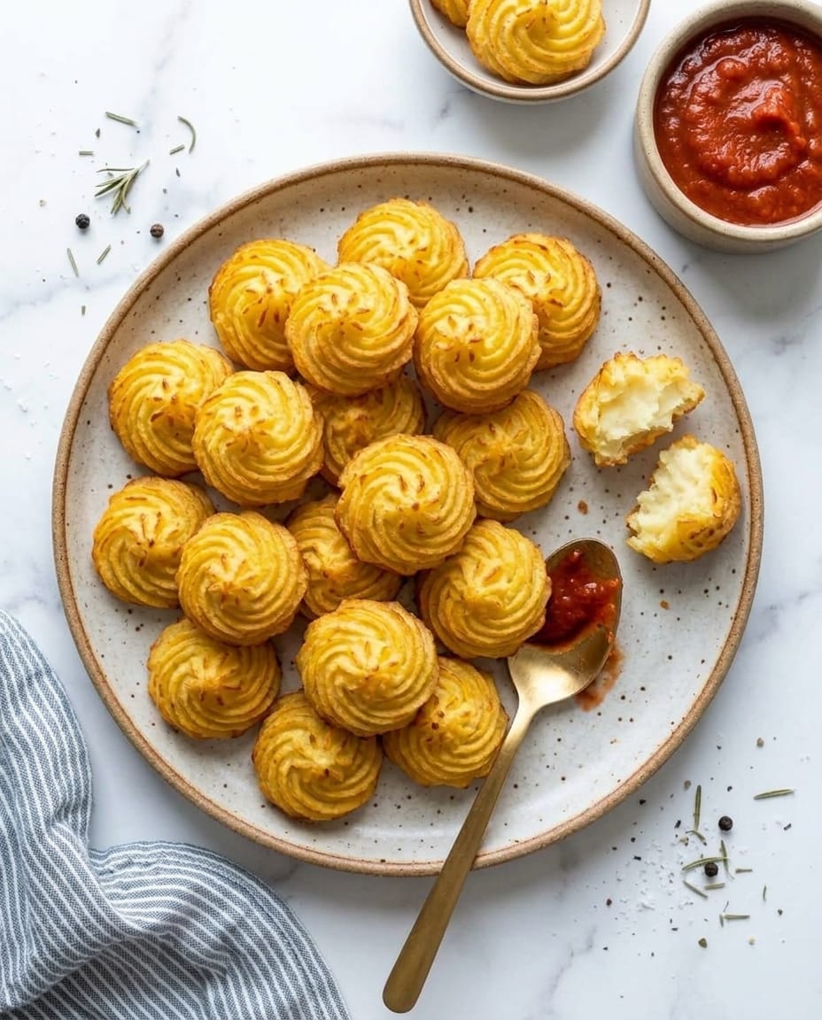 Assiette de pommes duchesse dorées vue de dessus, une rosace ouverte sur un cœur fondant, sauce tomate à côté