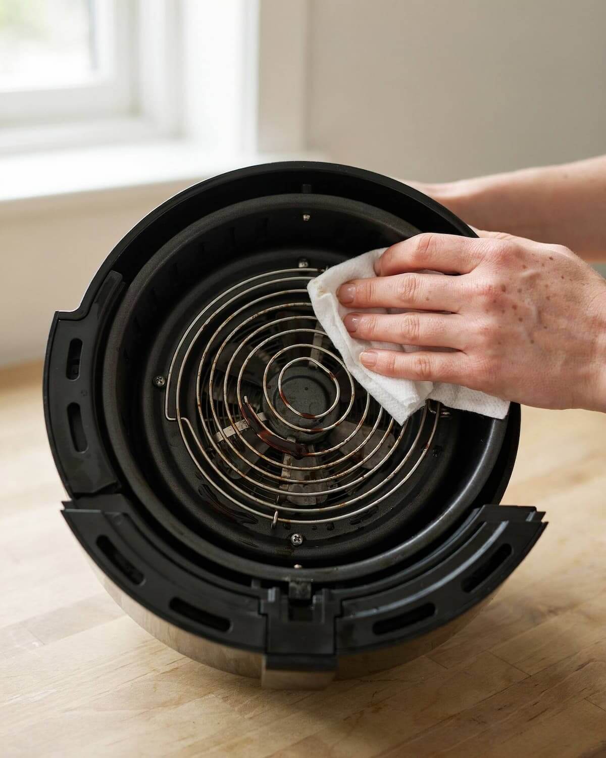 Air fryer retourné, la résistance tachée de graisse cuite, essuyée au chiffon