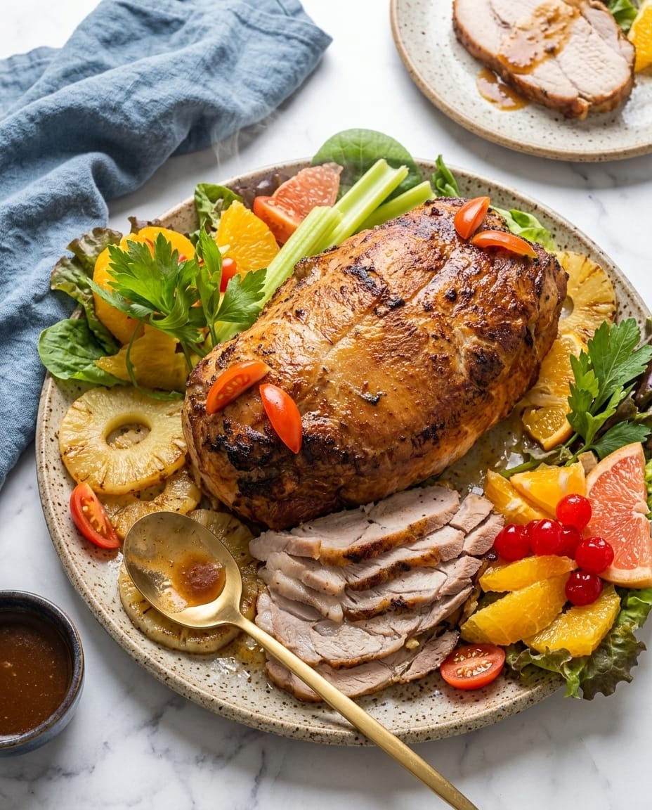 Rôti de dinde au air fryer doré, tranché, avec croûte paprika-ail et jus de cuisson sur la planche